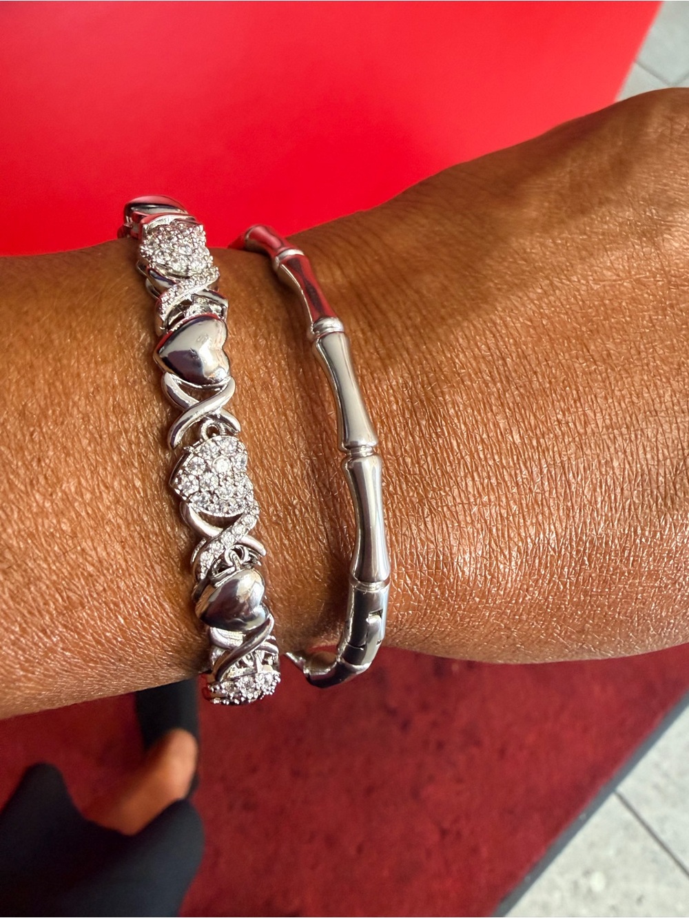 Silver Heart Pavé and Bamboo-Style Bangle Set - Women Jewelry
